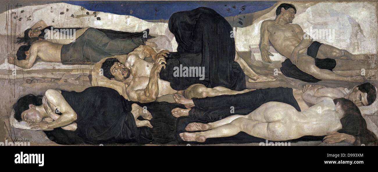 Ferdinand Hodler (1853 - 1918) pintores suizos. "La noche" de 1891. La escena alegórica aborda los temas de los sueños, visiones y muerte. La figura central es un retrato del artista. Foto de stock
