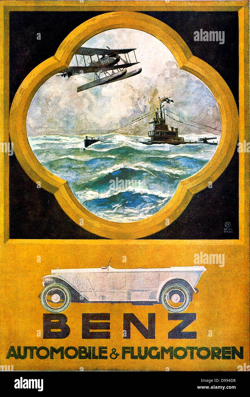 Otto Albert Koch (1866-1920), artista gráfico alemán. Anuncio de automóviles Mercedes Benz: tierra, agua, aire: además de Benz Automóviles, este cartel de 1918 es publicidad aero y motores marinos. Foto de stock