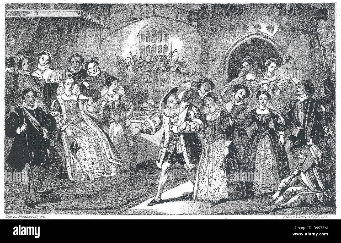 Siglo xix ilustración mostrando el rey Enrique VIII de Inglaterra, en la corte Foto de stock