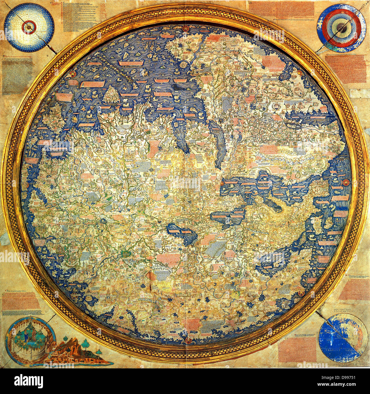 Mapa de Fra Mauro (1460). El mapa de Fra Mauro (orientación Sur en la parte superior).es considerado el mayor memorial de cartografía medieval. por el monje veneciano Fra Mauro. Es un planisferio circular dibujado en pergamino y en un marco de madera, de unos dos metros de diámetro Foto de stock
