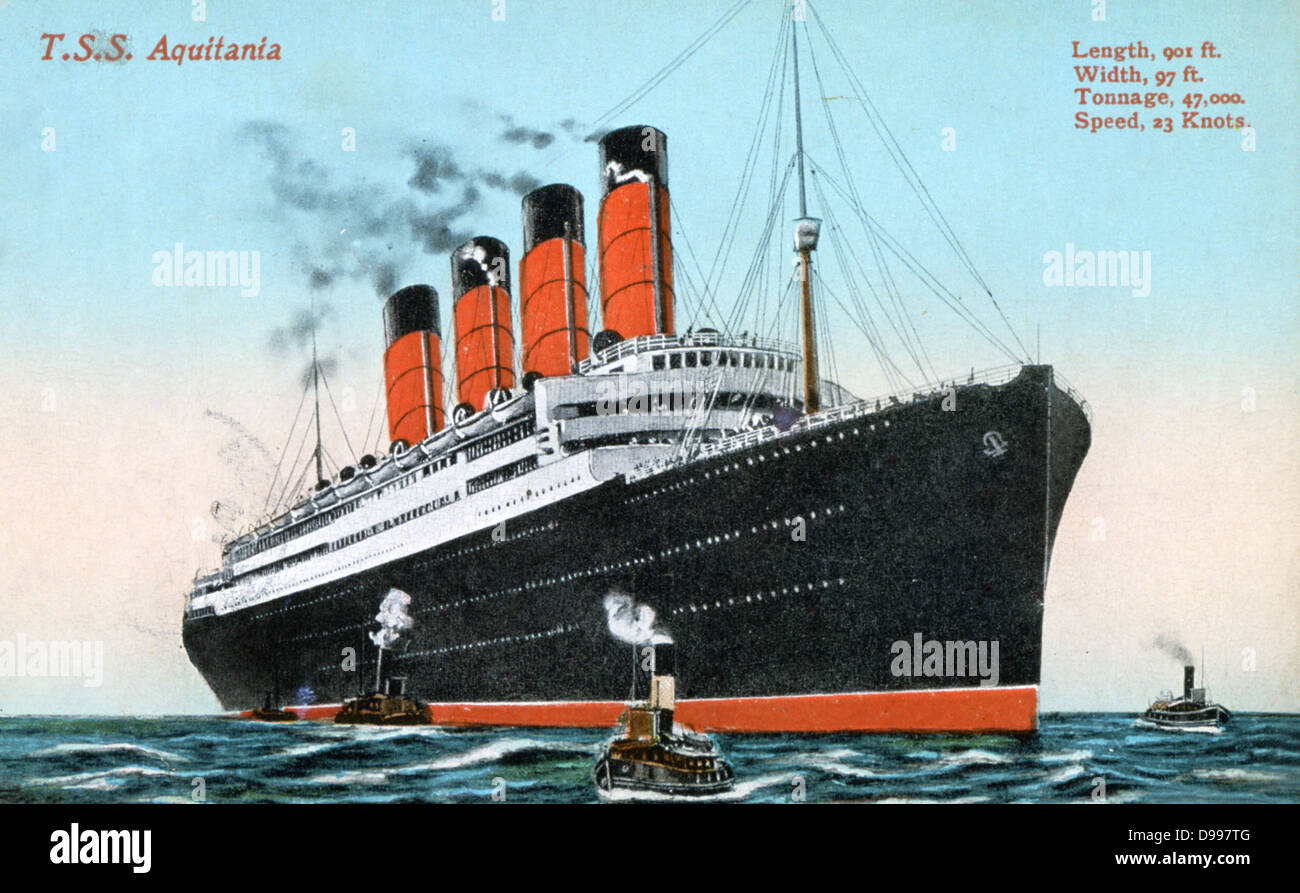 Trasatlántico RMS 'Aquitania', Cunard Line, construido por John Brown & Co., Clydebank, Escocia. Viaje inaugural el 30 de mayo de 1914 en Nueva York, desechado de Escocia de 1950. Utilizado para el transporte de tropas en ambas Guerras Mundiales. Buque remolcador, Postal Foto de stock