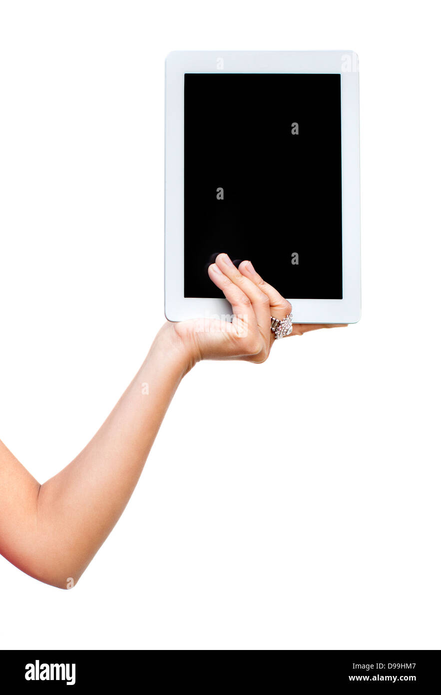 Close-up de la mano de una mujer mostrando una tableta digital Foto de stock