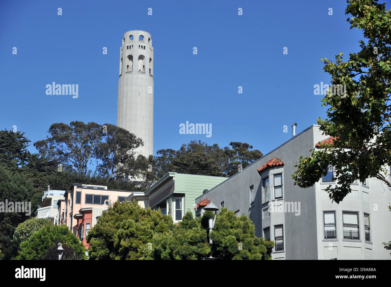 Vista de la Coit Tower desde el barrio de North Beach, San Francisco, California, en una brillante tarde de verano en julio. Foto de stock