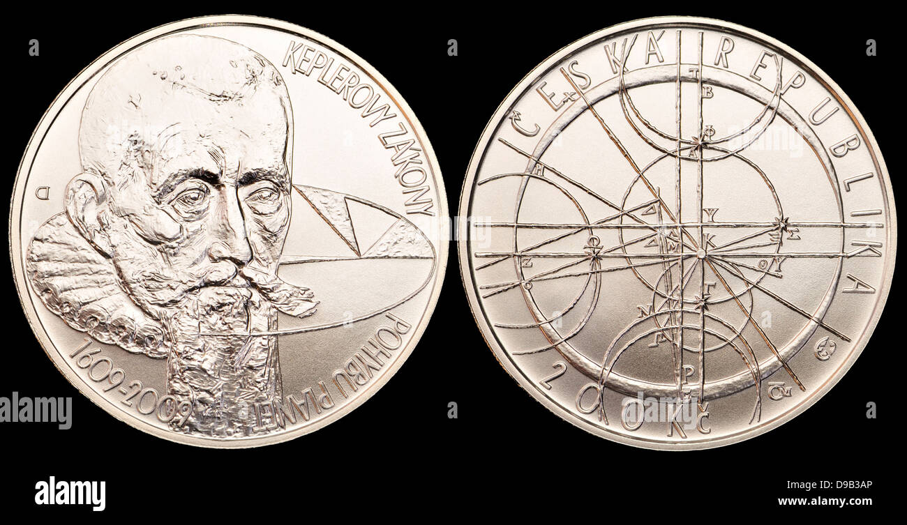 200Kc moneda conmemorativa de plata de la República Checa. 400º aniversario de la ley de Kepler de los movimientos planetarios Foto de stock