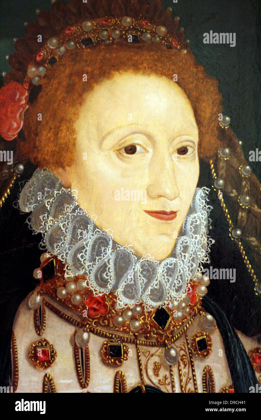 Detalle de un retrato de la reina Isabel I de Inglaterra por un artista