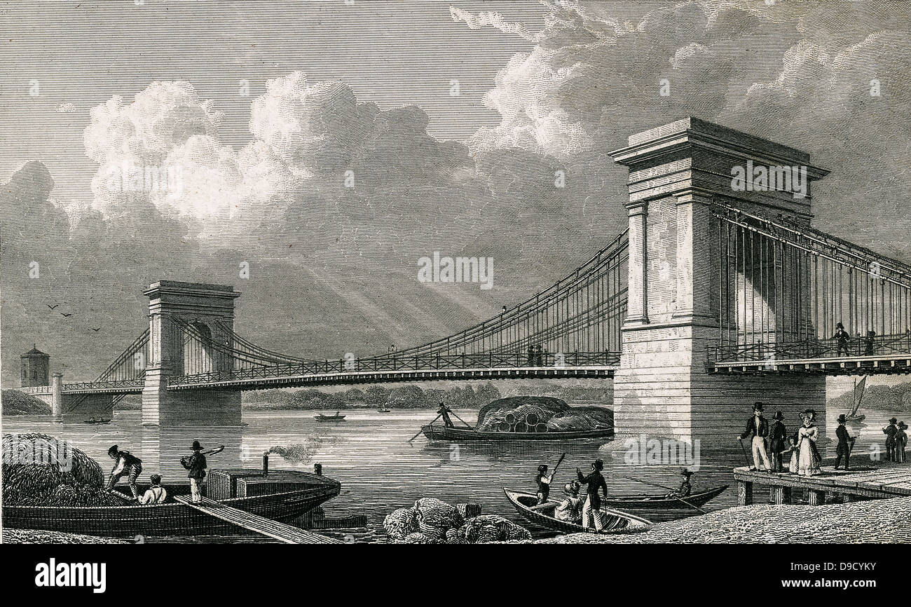 Puente colgante sobre el Río Támesis en Hammersmith, Londres. Diseñado y construido por William Tierney Clark (1783-1852) English ingeniero civil, fue inaugurado en 1827. Grabado, 1828. Foto de stock