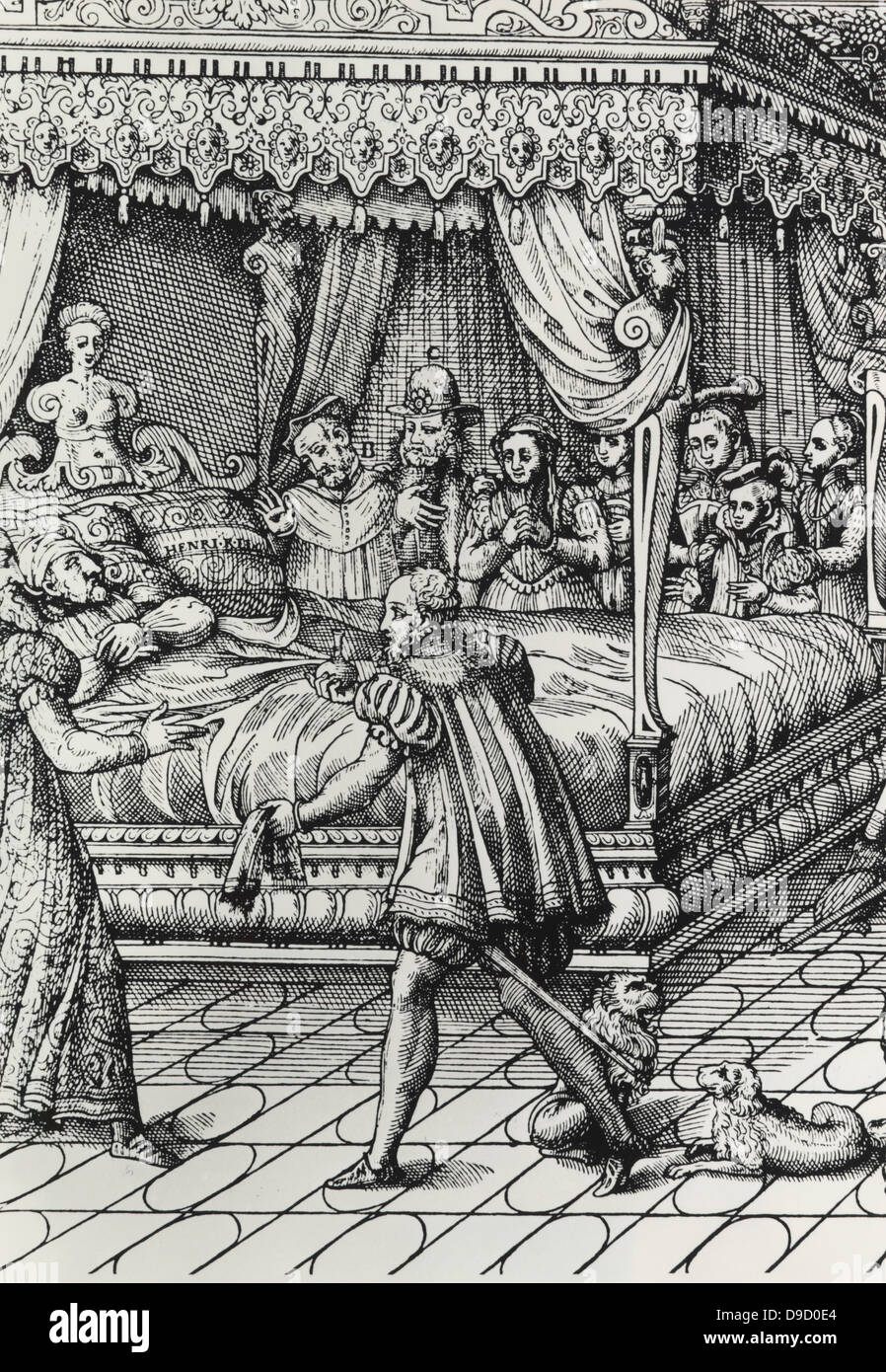 Enrique II (1519-1559), rey de Francia desde 1547. Murió a causa de una herida recibida mientras justas. Henry, en su lecho de muerte. Grabado. Foto de stock
