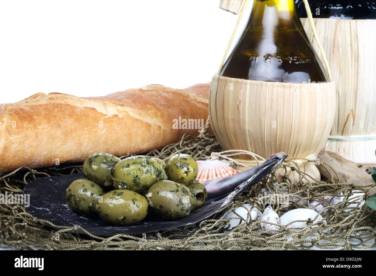 Aceitunas, aceite de oliva y pan Foto de stock