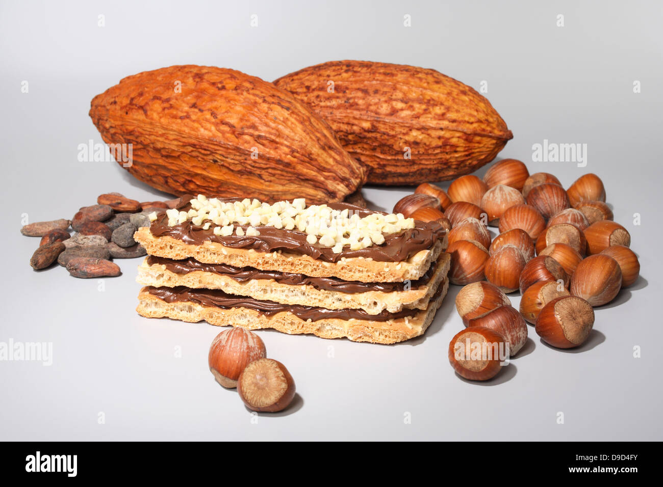 Tuerca recortes de turrón con frutas de cacao y avellanas Foto de stock