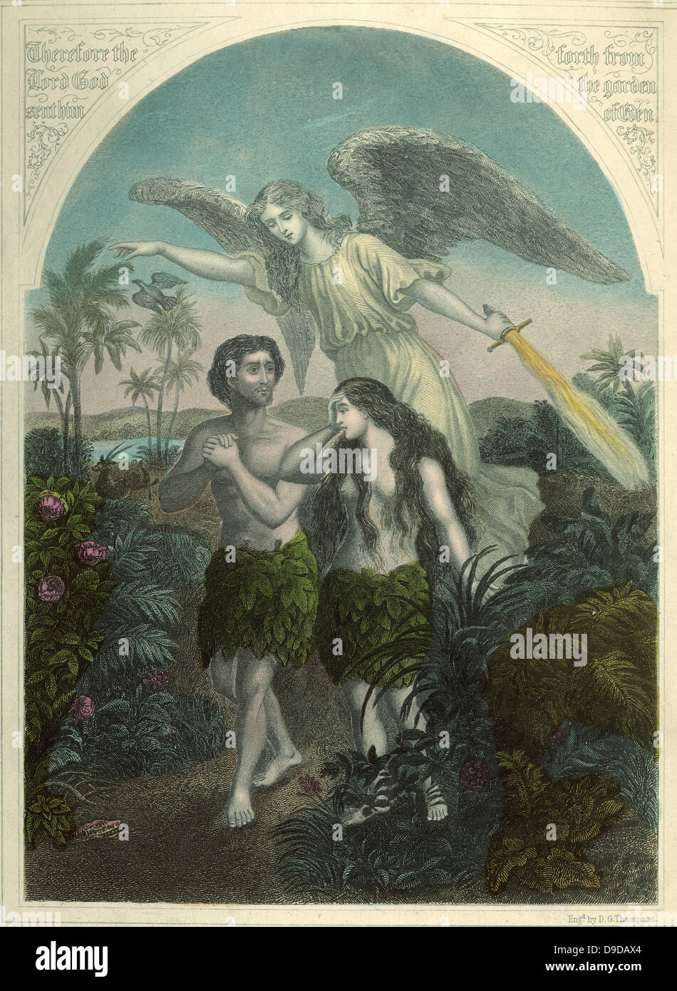 Adán y Eva siendo impulsado desde el Jardín del Edén por el Ángel de Dios para comer la fruta prohibida. Grabado del siglo xix. Foto de stock