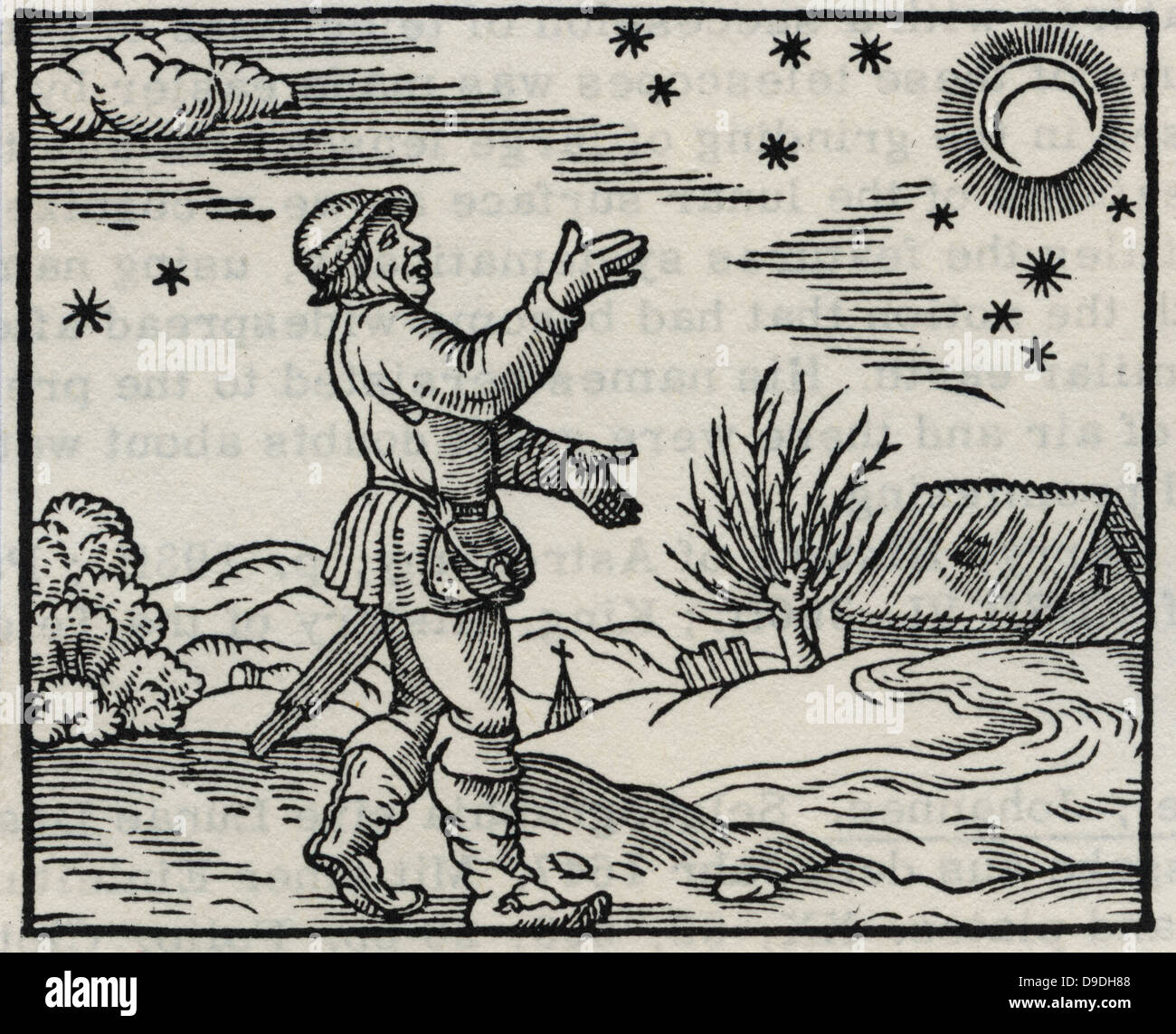 El agricultor o el paisano de la observación de la luna y las estrellas. A mediados del siglo XVI, la xilografía. Foto de stock