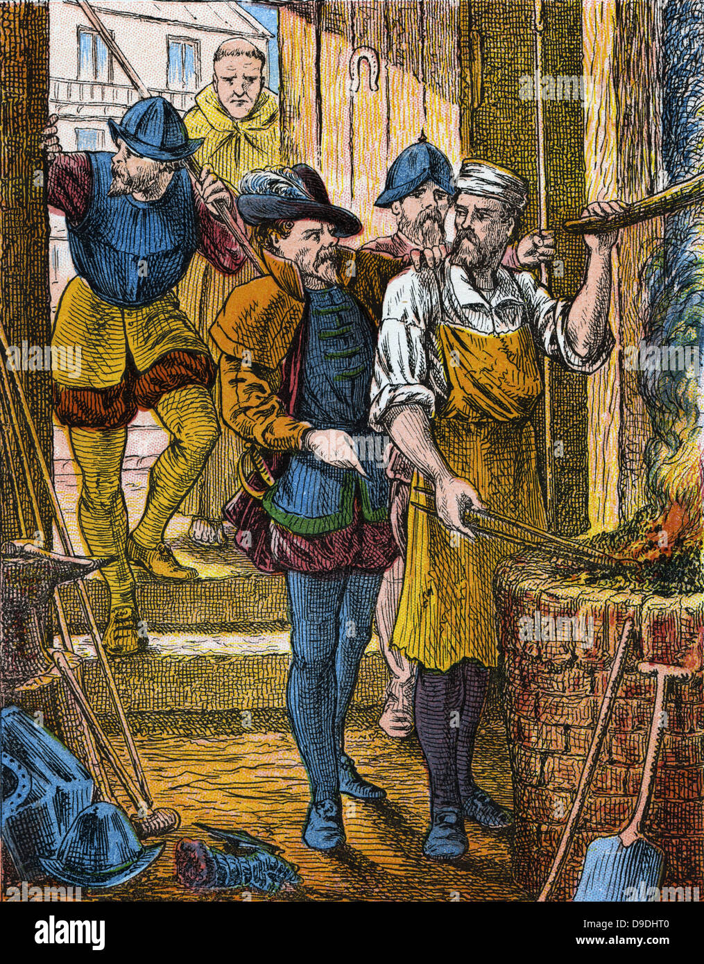 La persecución de los protestantes en Francia bajo Enrique II (1547-1559). Smith hugonota detenidos por negarse a asistir a misa y trabajan en día de un santo. A mediados del siglo xix illustation. Foto de stock