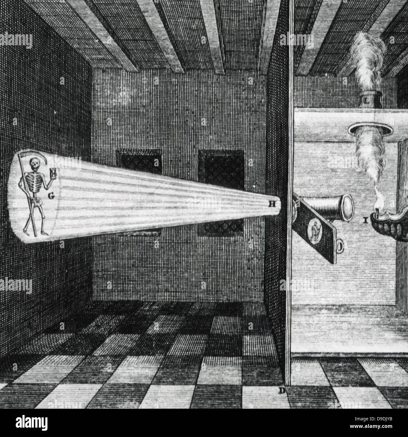 La primera ilustración de una linterna mágica. A partir de ''Ars magna'',  Amsterdam, 1671, por Athanasius Kircher Fotografía de stock - Alamy
