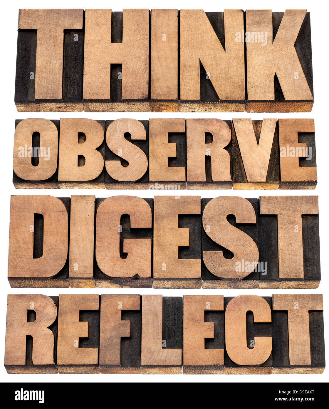 Pensar, observar, reflexionar, Digest - un conjunto de palabras de motivación - texto aislado en tipografía tipo de madera Foto de stock
