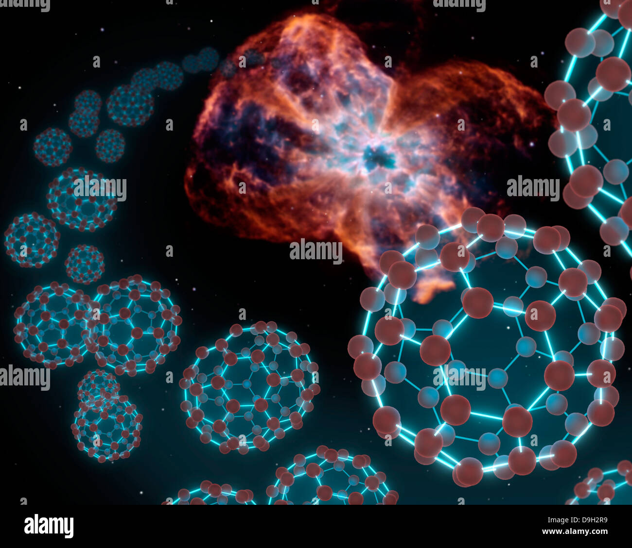 Concepto del artista mostrando bolas de carbono expulsar fuera de una estrella blanca de morir en una nebulosa planetaria. Foto de stock