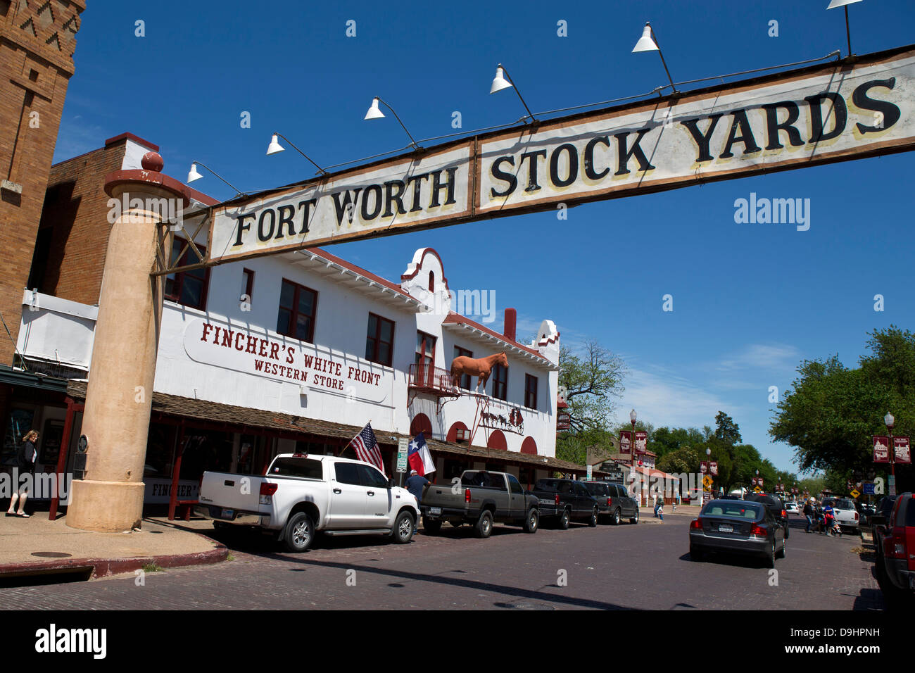 Entrada a Fort Worth Stock Yards en Exchange St, Ft. Worth, Texas, Estados Unidos de América Foto de stock