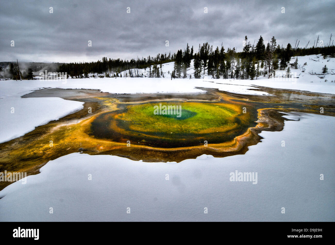 Colorido manantiales de agua caliente en el Parque Nacional de Yellowstone durante el invierno. Foto de stock