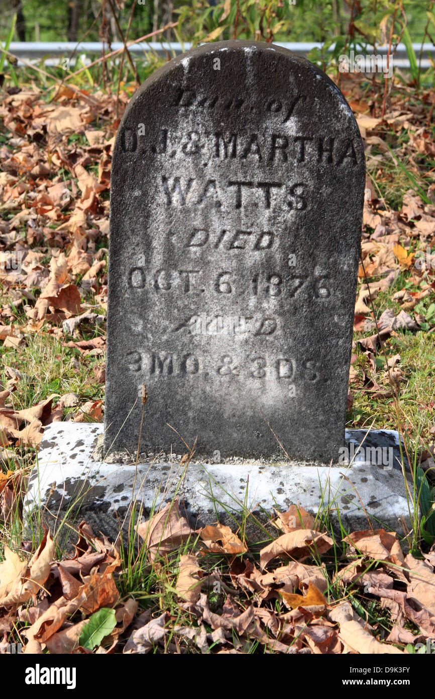 Lápida del cementerio lápida de mármol piedra caída de la familia Watts otoño 1876 Foto de stock