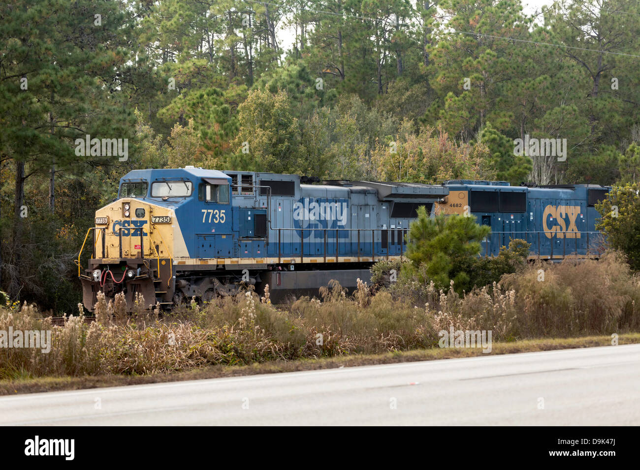 Motor CSX 735 tirando de un tren de mercancías a través de la zona rural cerca de Hawthorne, Florida. Foto de stock