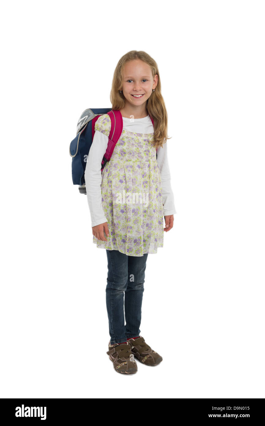 Pequeña niña cargando una pesada mochila escolar Fotografía de stock - Alamy