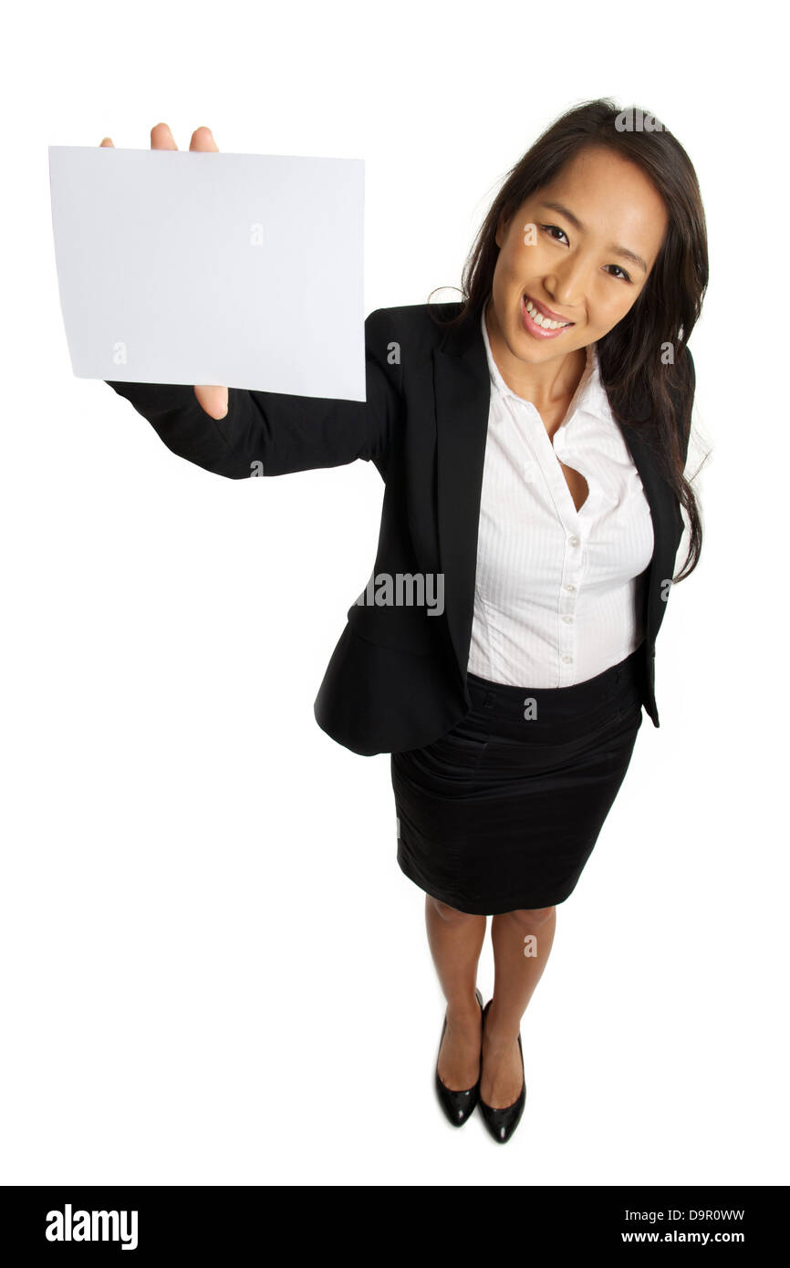 Vista de pájaro del negocio mujer asiática mostrando tarjeta de presentación en blanco Foto de stock