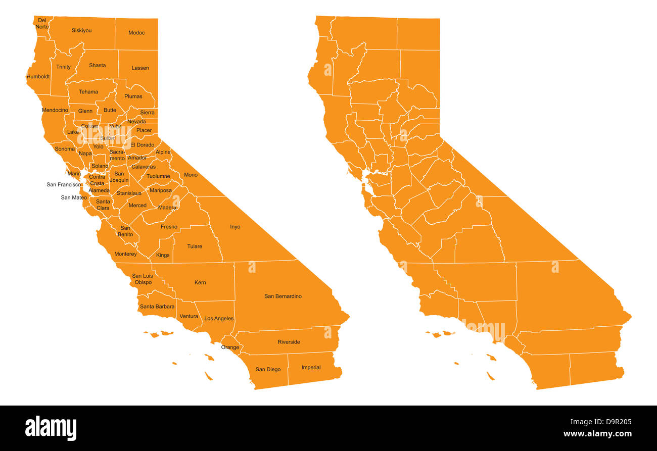 Mapa del Condado de Orange, en California, vector con nombres Foto de stock