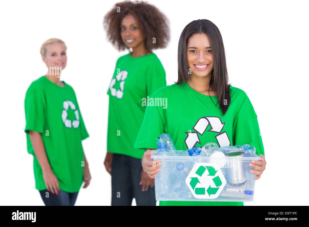 Activista holding caja reciclaje Foto de stock