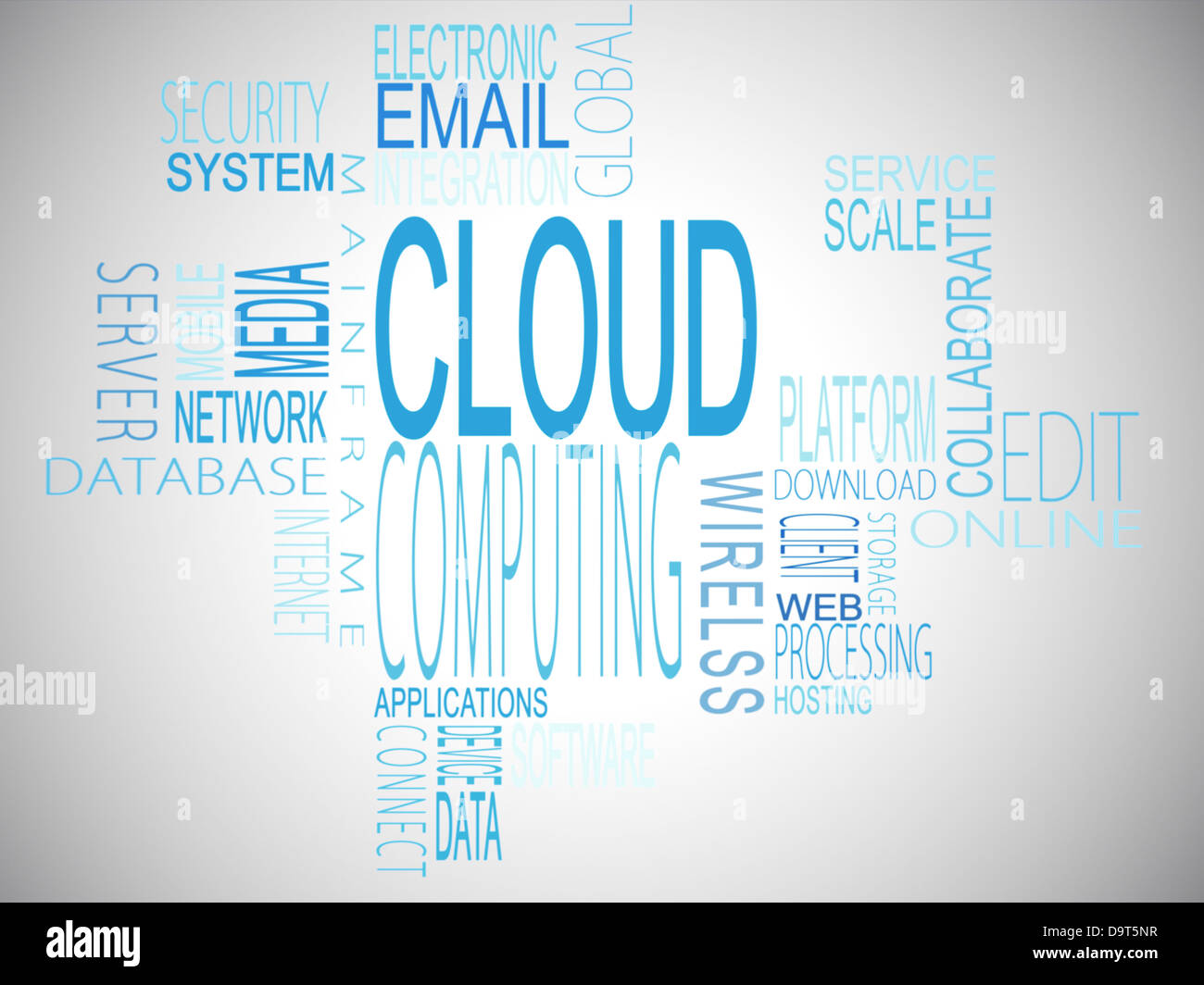 Términos de cloud computing en azul Foto de stock