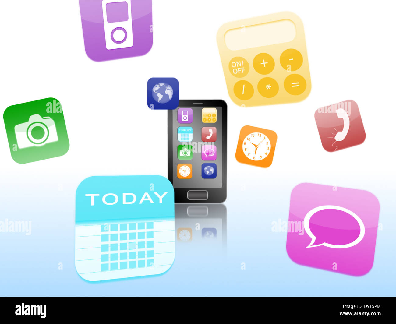 Smartphone con aplicación flotando alrededor de logotipos Foto de stock