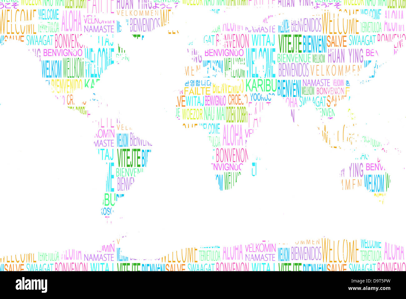 Mapa mostrando la bienvenida en diferentes idiomas Foto de stock