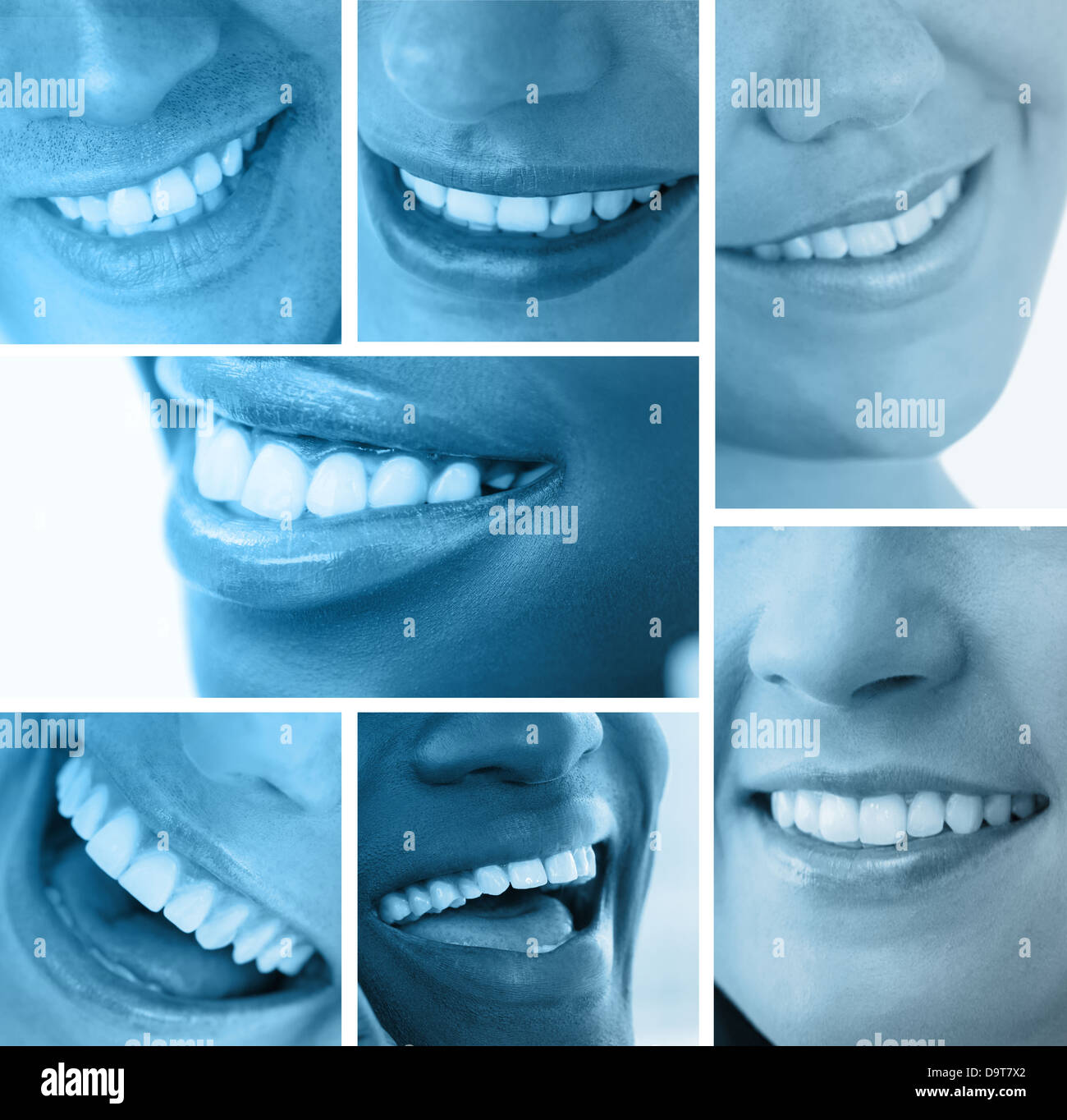 Collage de sonrisas blancas en tinte azul Foto de stock