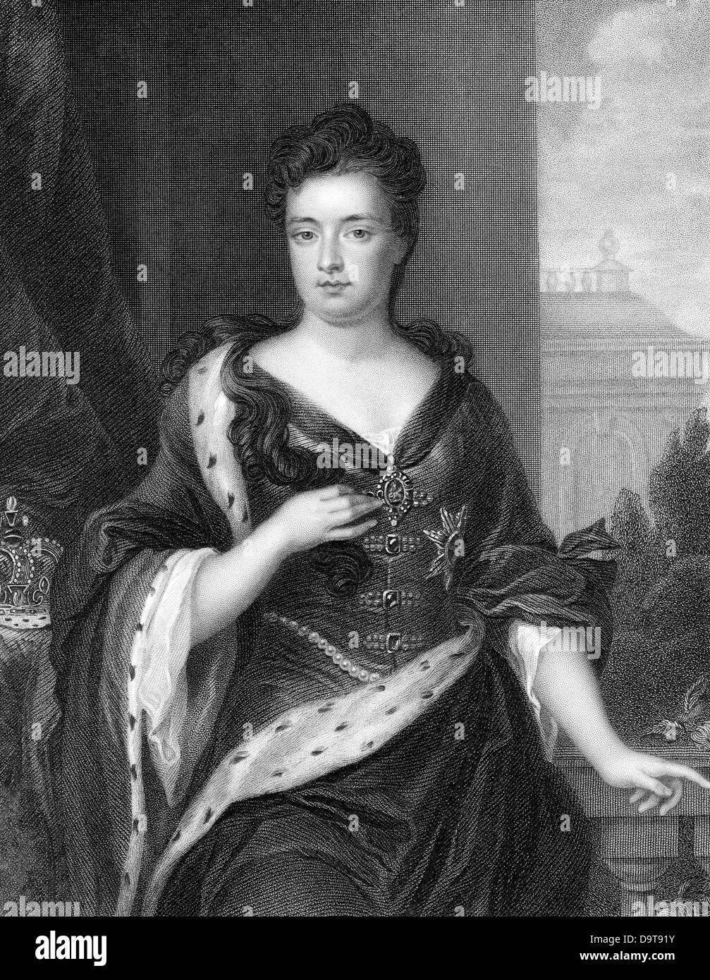 Anne Reina de Gran Bretaña e Irlanda desde 1702 grabado Foto de stock
