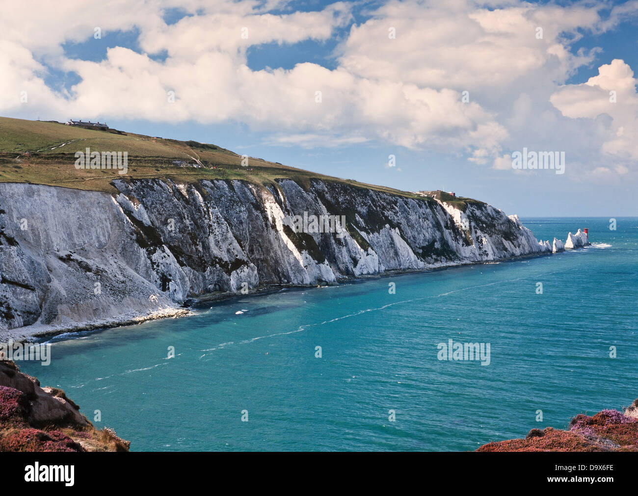 Las agujas rocas calcáreas costa vista, Isla de Wight, REINO UNIDO, día soleado Foto de stock