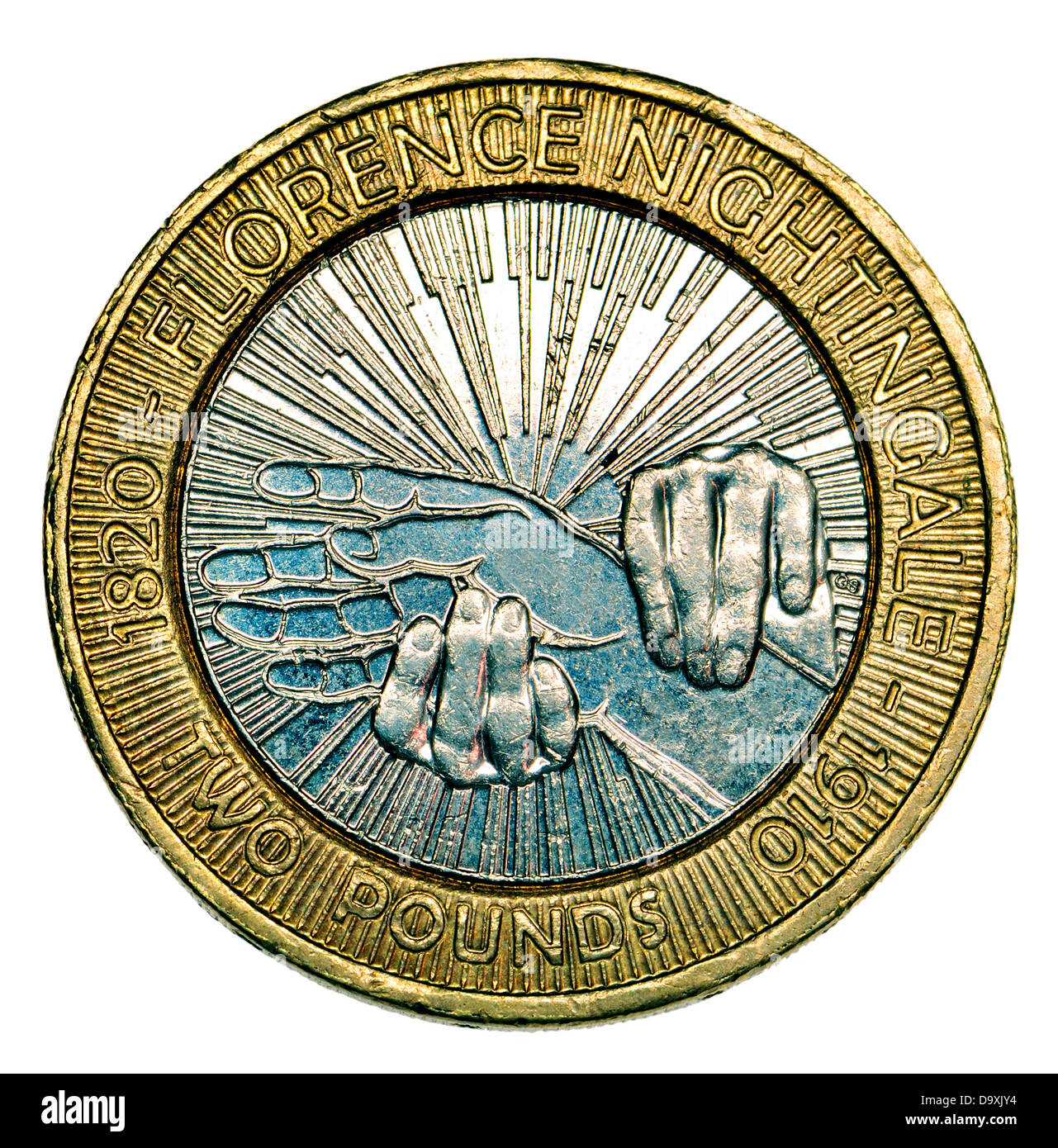 Moneda de 2 libras británicas - 2010 - 100º aniversario de la muerte de Florence Nightingale. Diseñado por Gordon Summers Foto de stock