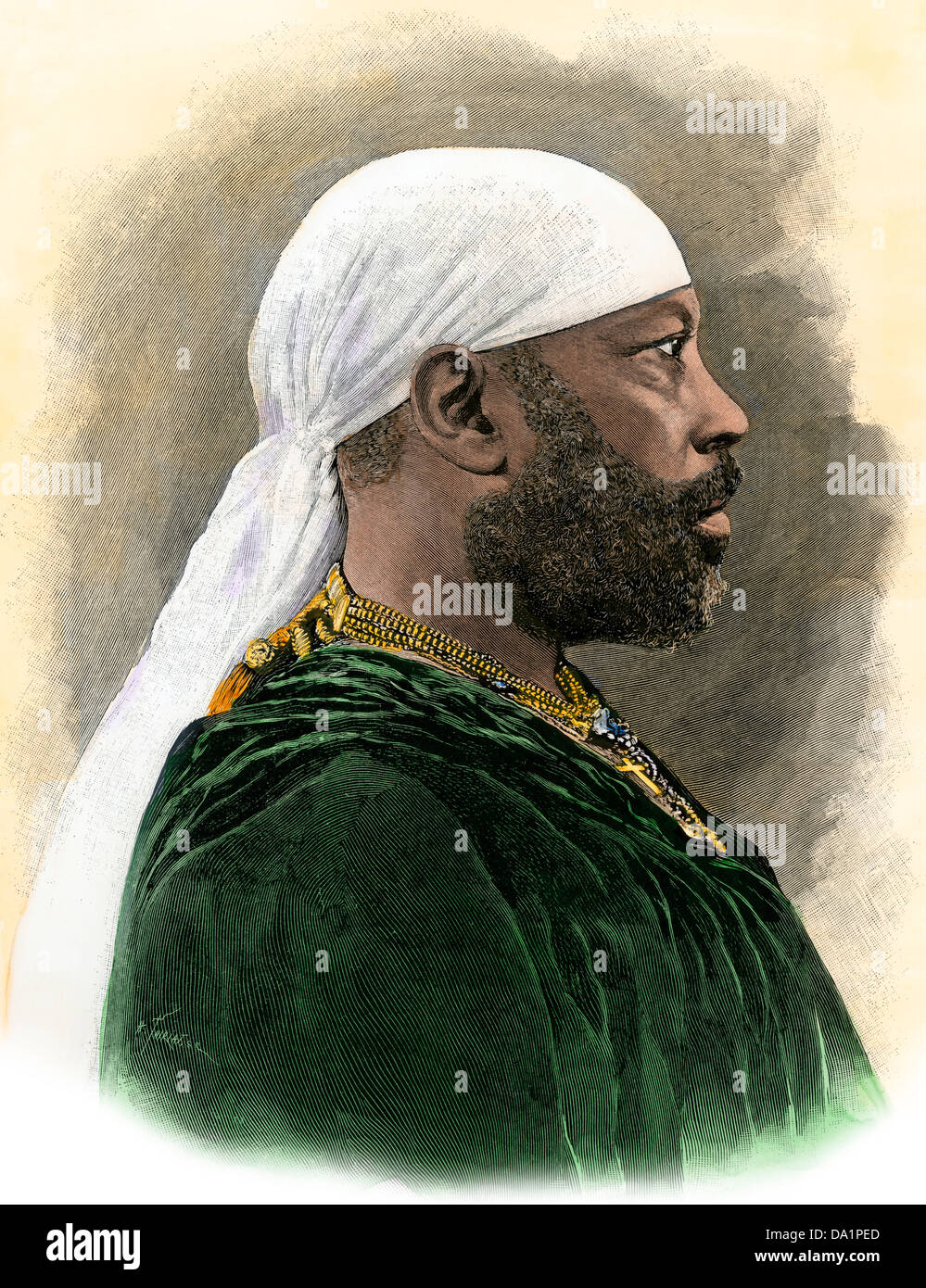 Menelik II, emperador de Etiopía, en 1890. Xilografía coloreada a mano Foto de stock