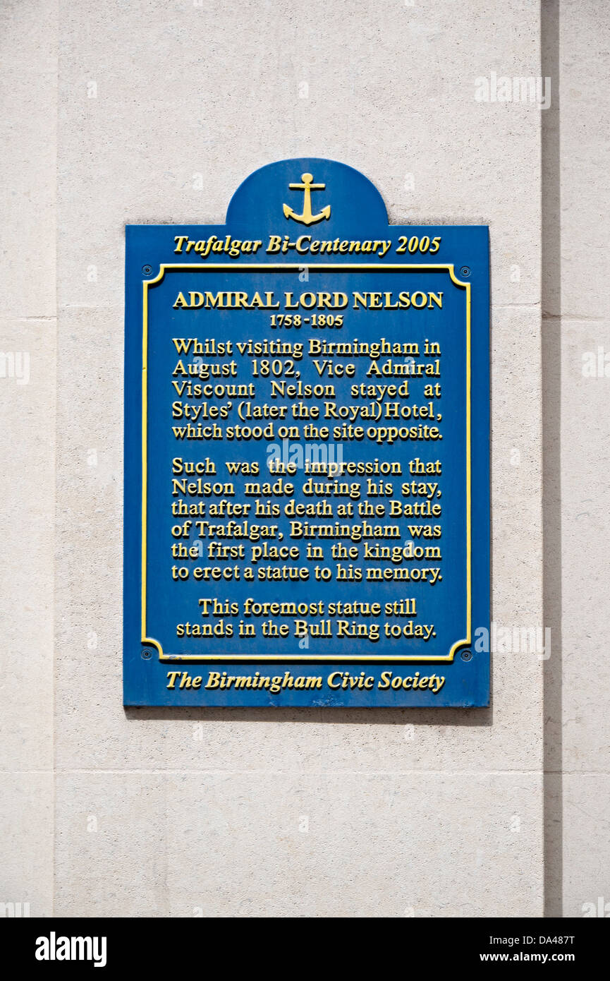 Birmingham almirante Lord Nelson plaque Foto de stock