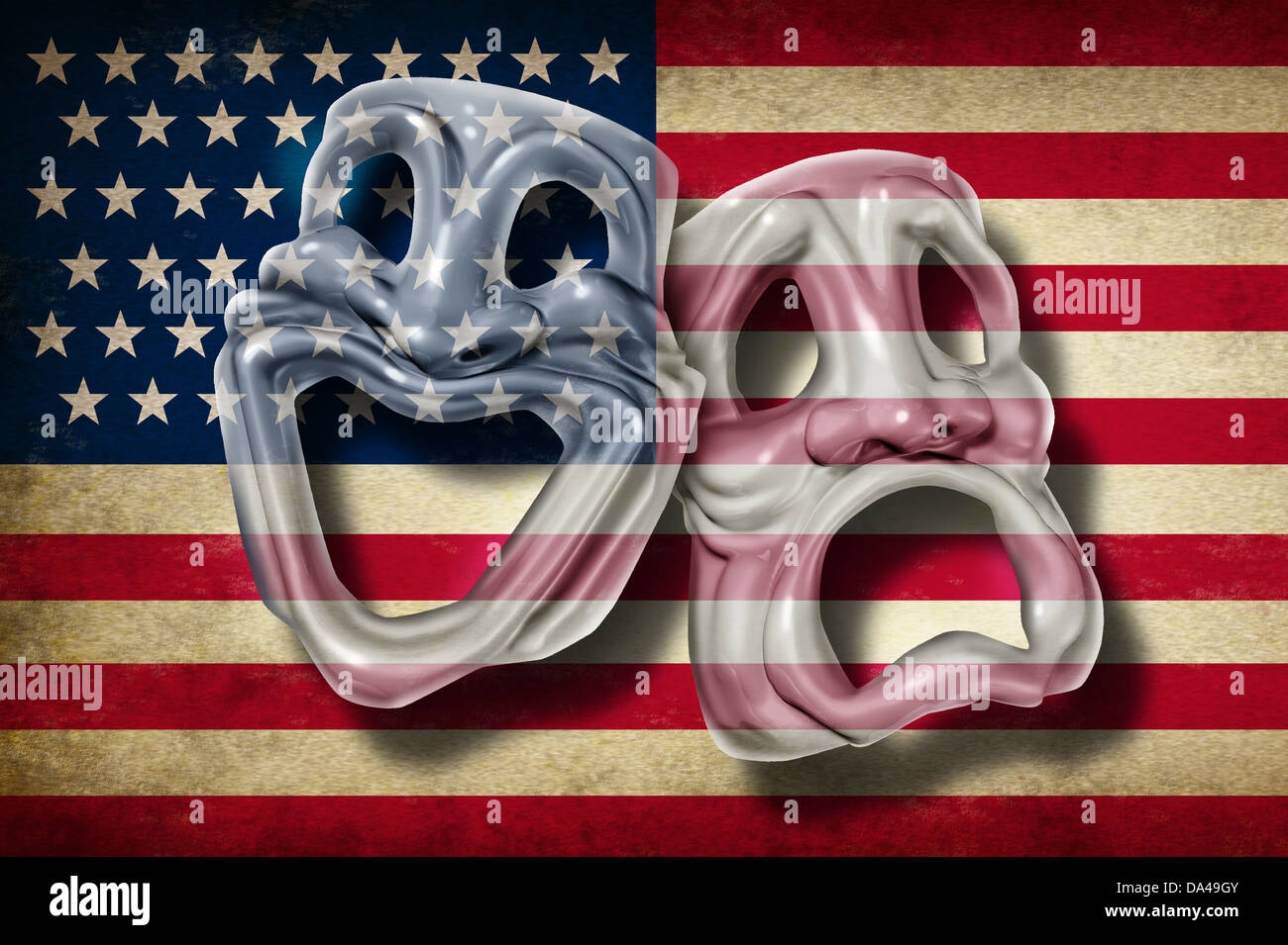 American Theatre de Broadway y concepto de artes escénicas con una vieja bandera de los Estados Unidos sobre una máscara de comedia y tragedia que representa la rica tradición cultural de cine clásico y la realización de películas en los Estados Unidos. Foto de stock
