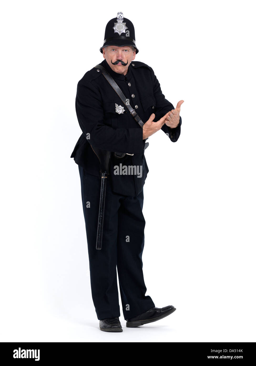 Vintage policía con grave expresión exigiendo una prueba o documentos, humorístico retrato conceptual aislado en blanco Foto de stock