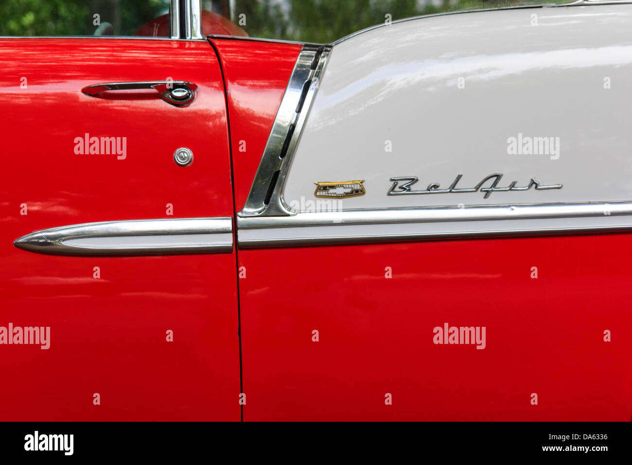 1955, Classic Car, Chevrolet, Bel Air, General Motors, New Braunfels, viejo coche, rojo, blanco, Texas, Estados Unidos, Estados Unidos, América, v Foto de stock