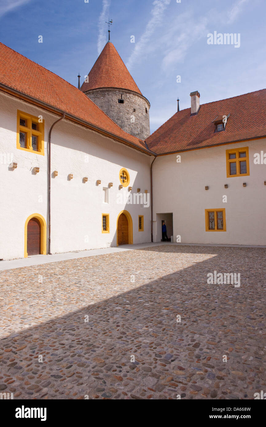 Yverdon, Castillo, pueblo, ciudad, cantón, VD, Vaud, Suiza occidental, Suiza, Europa, Torre, rook, Foto de stock