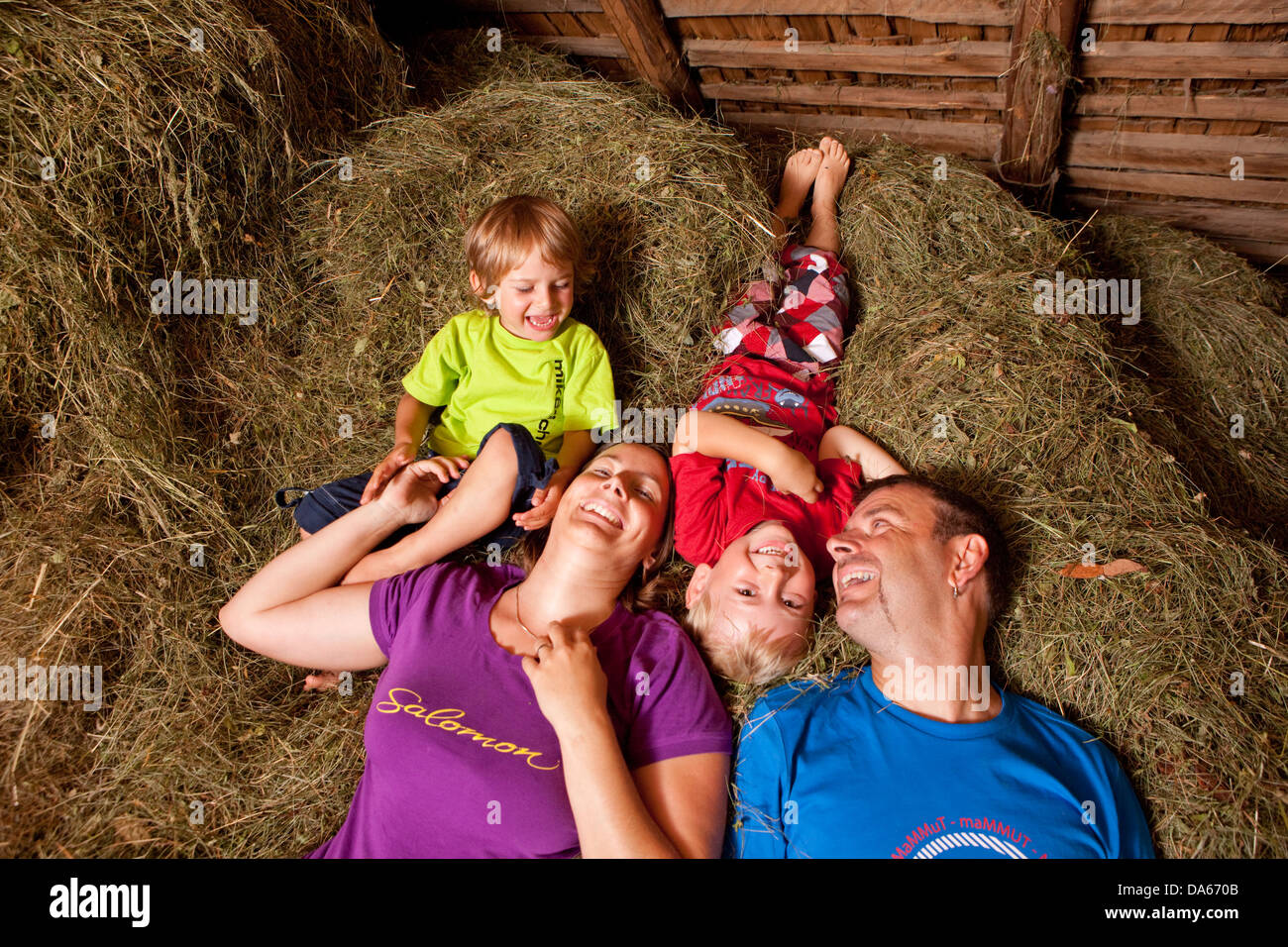 Familia, cabaña alpina, durmiendo, heno, montaña, montañas, cantón de Berna, en el Oberland Bernés, la familia, la agricultura, Suiza, Europa Foto de stock