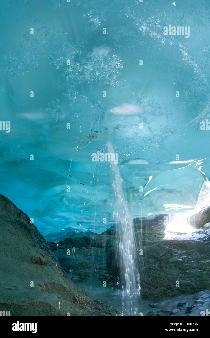 Cueva glaciar, hielo glaciar, hielo, moraine, cantón Valais, Suiza, Europa, agua, derretir, el clima, el calentamiento, Foto de stock