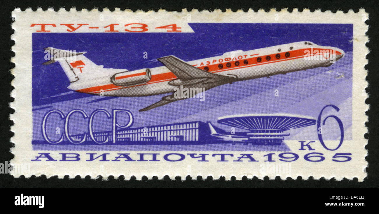 Urss,post mark, sello,aviones,aviation,aviones antiguos,la historia de la aviación, año 1965, TU-134, correo aéreo Foto de stock