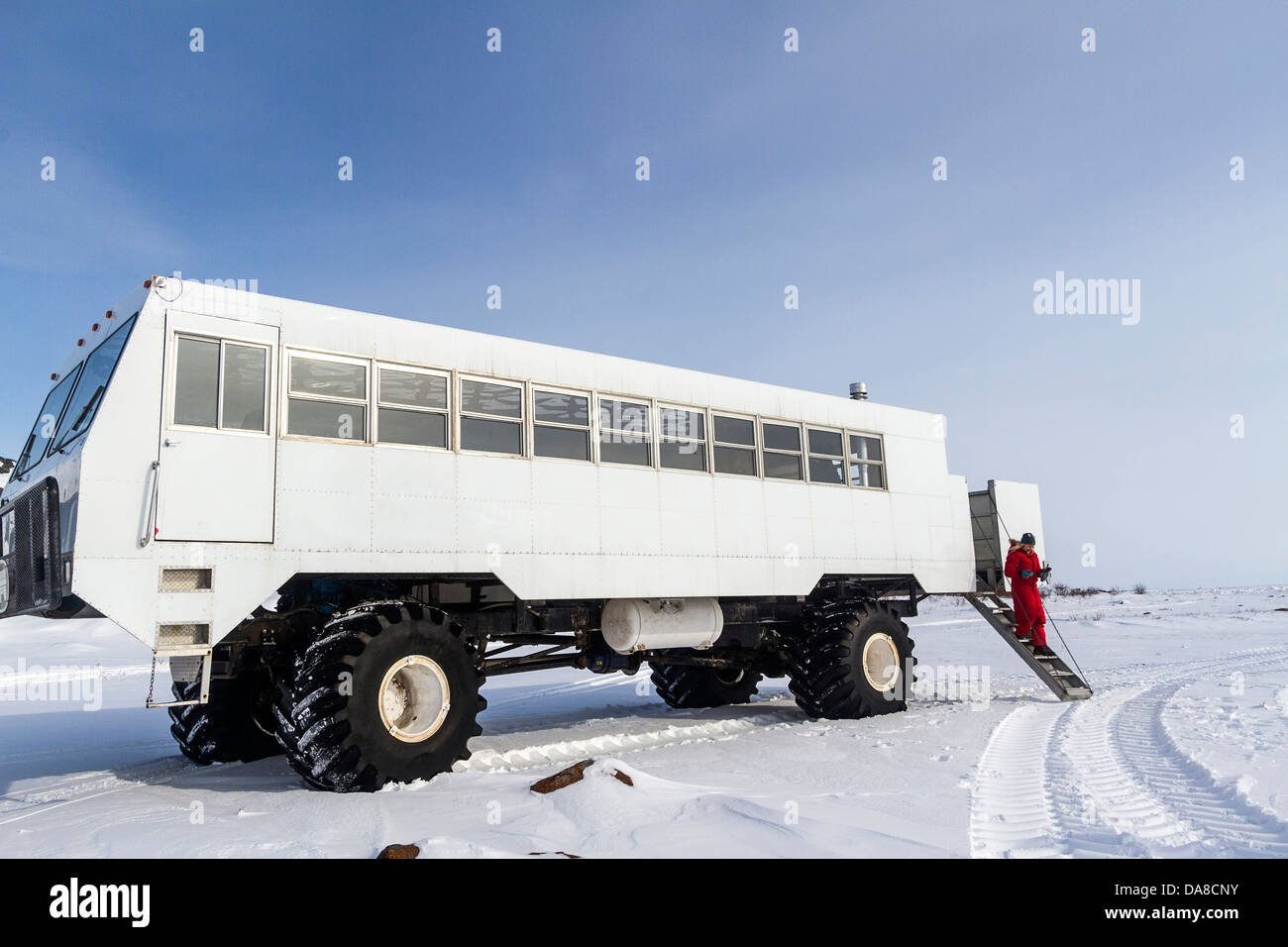 Mujer visitante abandona las fronteras Norte tundra buggy para conocer de primera mano la tundra congelada en invierno Foto de stock