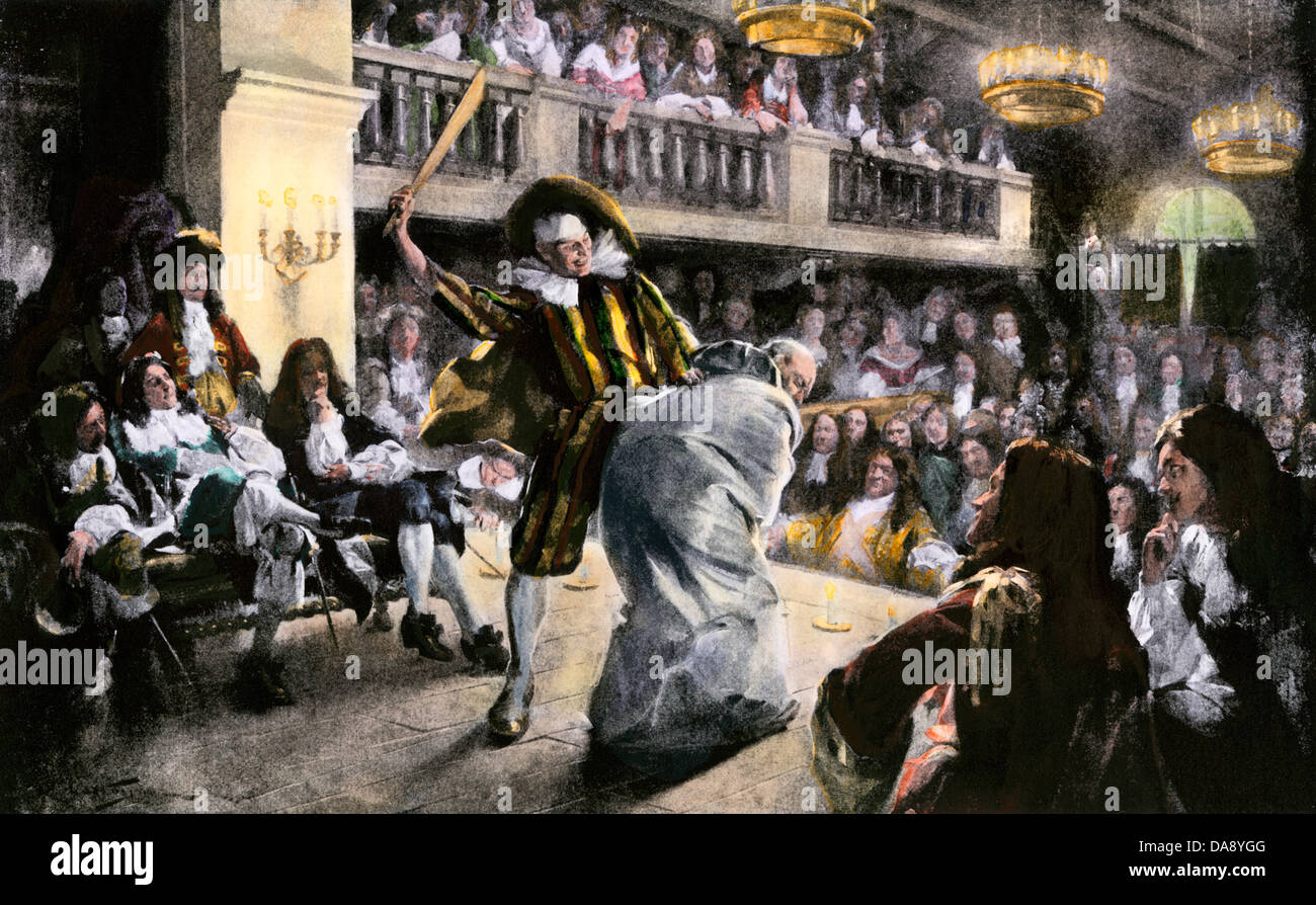 El teatro de Moliere, una escena de 'Les Fourberies de Scapin'. Reproducción de medias tintas coloreadas a mano de ilustración. Foto de stock