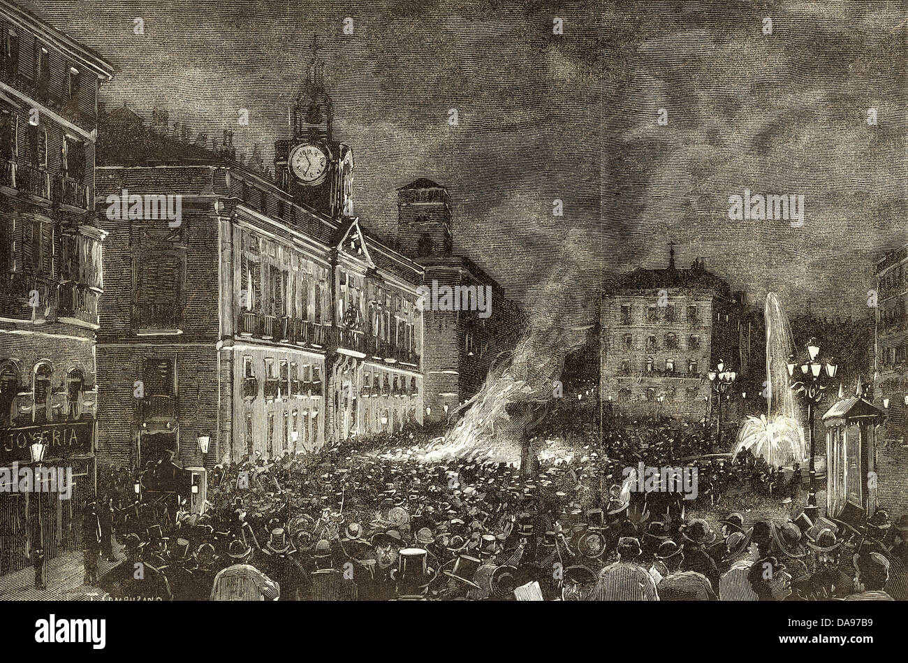 España. El conflicto de las Islas Carolinas. Protesta patriótica la noche del 4 de agosto de 1885 en la Puerta del Sol de Madrid. Grabado. Foto de stock