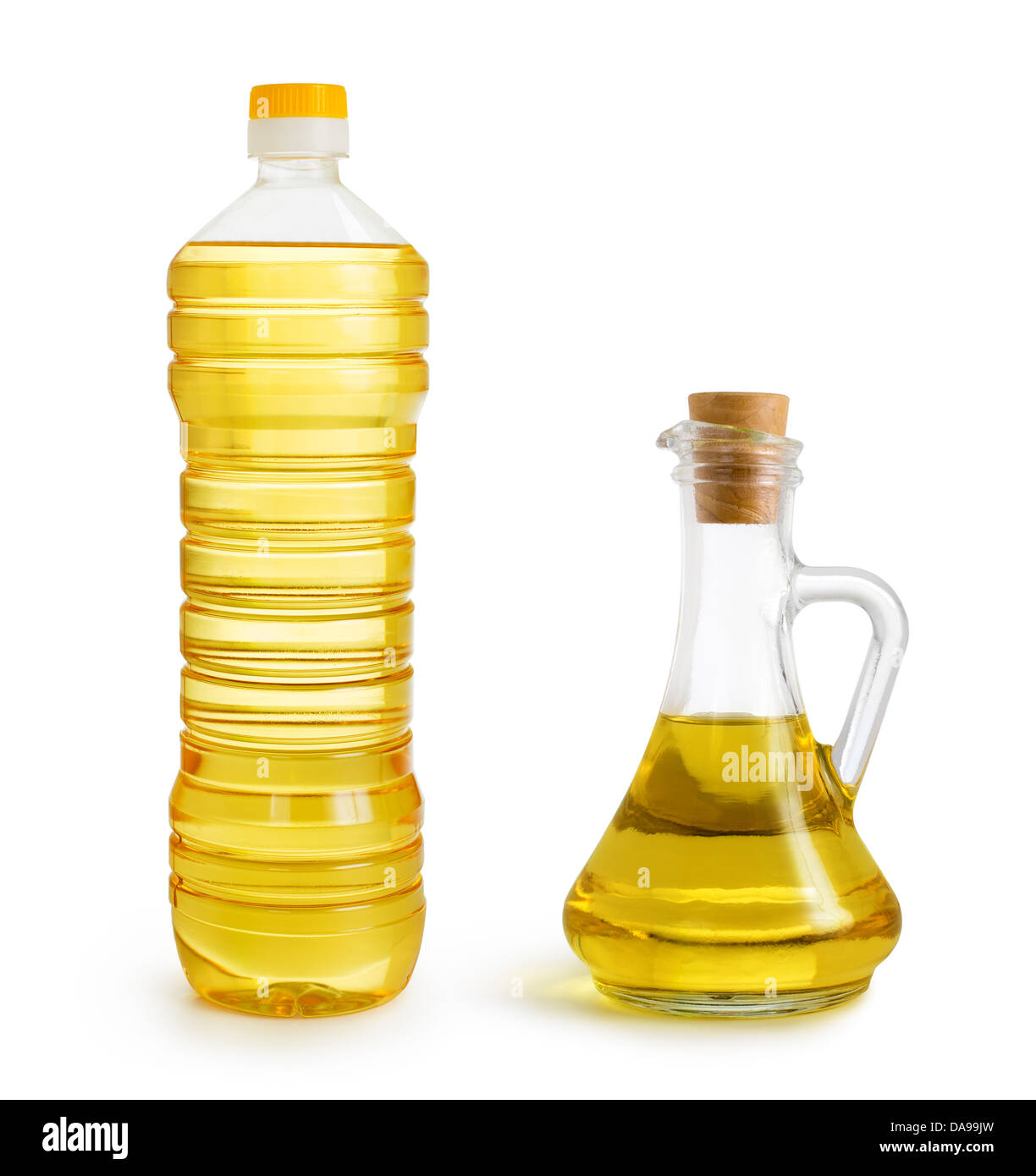Botellas de aceite de girasol y de oliva set aislado sobre blanco Foto de stock