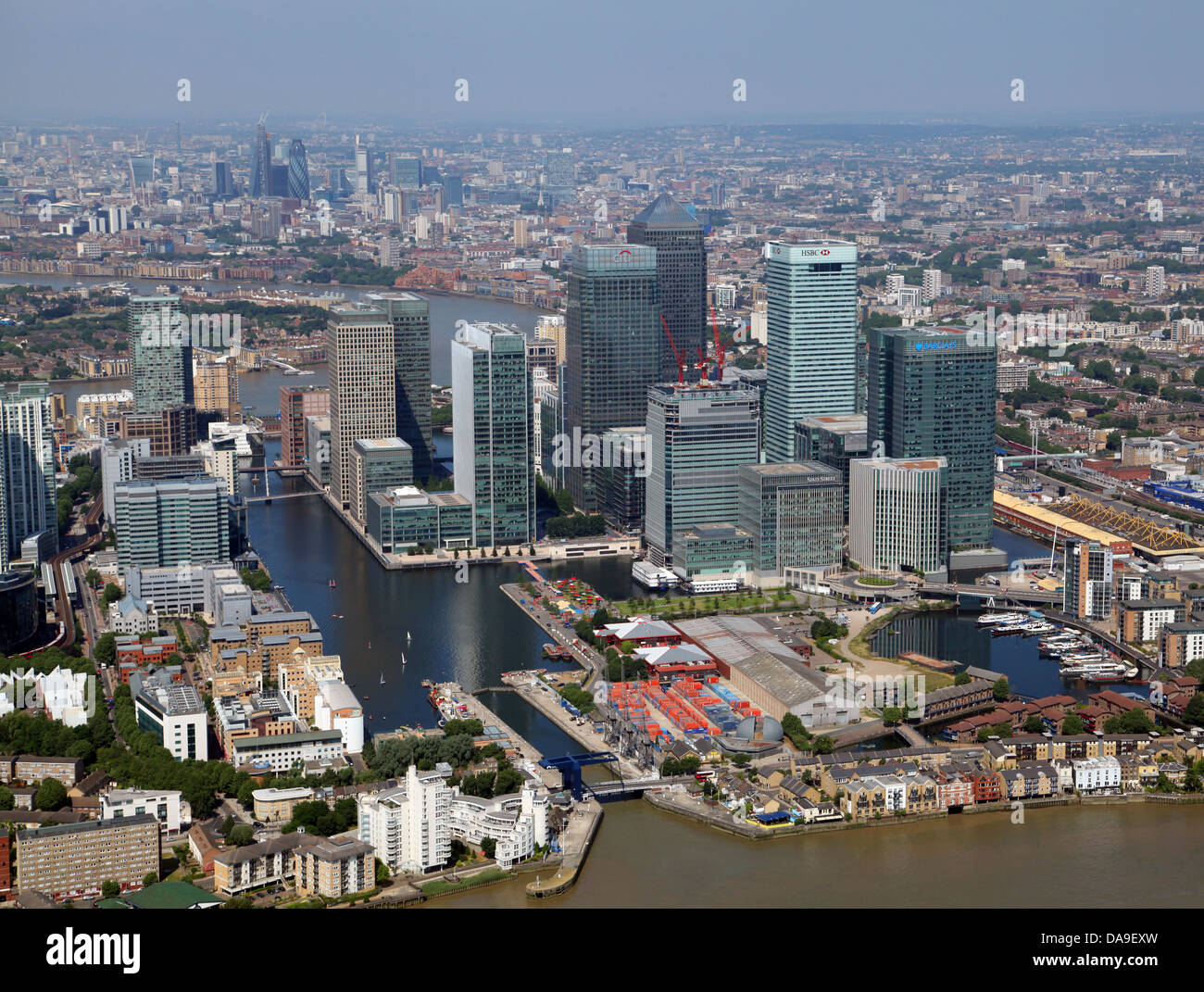 Vista aérea de Canary Wharf, los Docklands, Londres, Reino Unido. Foto de stock