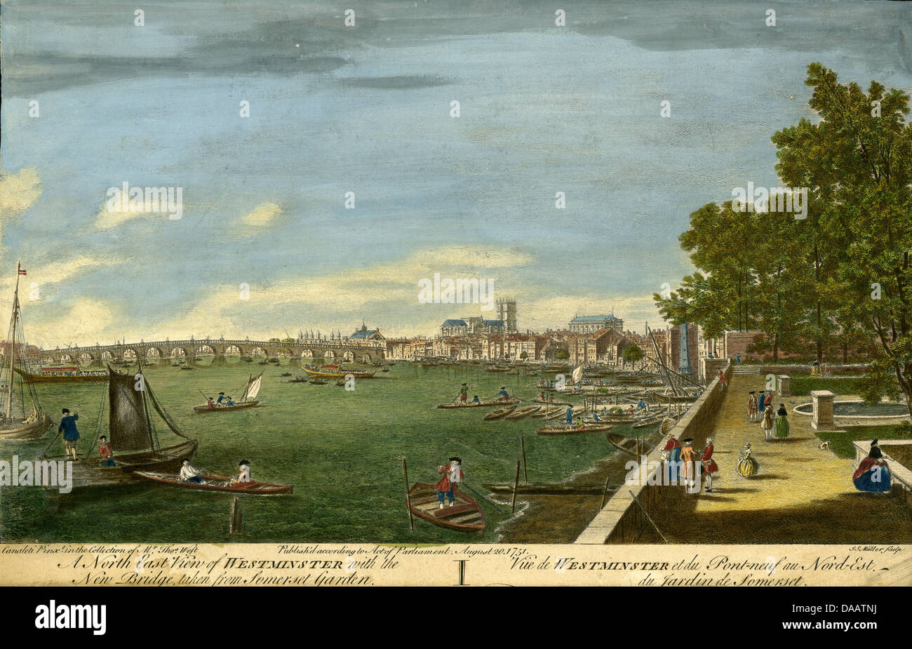 Grabado pintado a mano a partir de 1751, una vista del Noreste de Westminster con el nuevo puente, tomado de Somerset Garden. Foto de stock