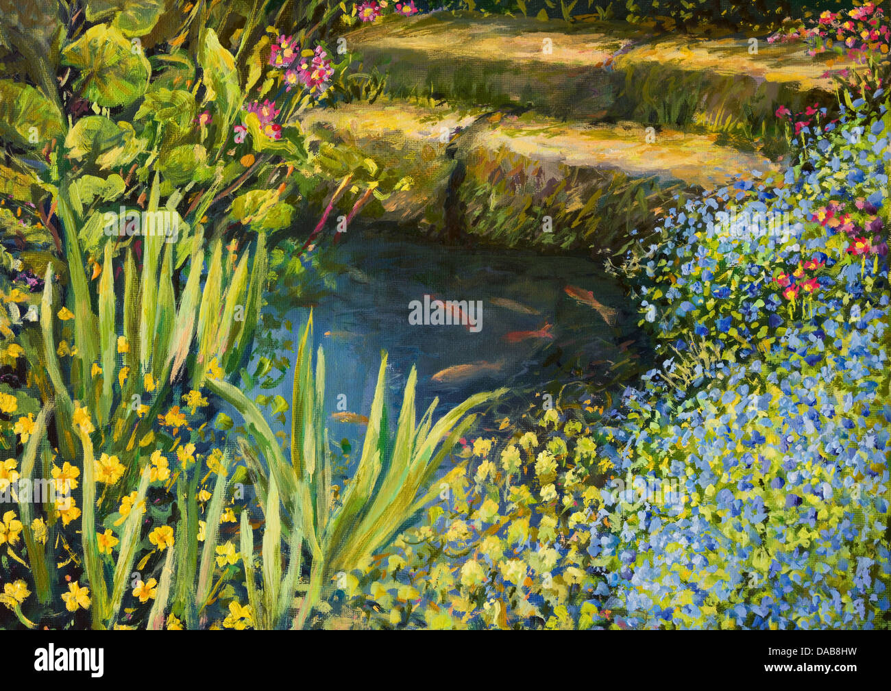 Un óleo sobre lienzo de un pequeño tranquilo estanque con peces y coloridas flores. Foto de stock